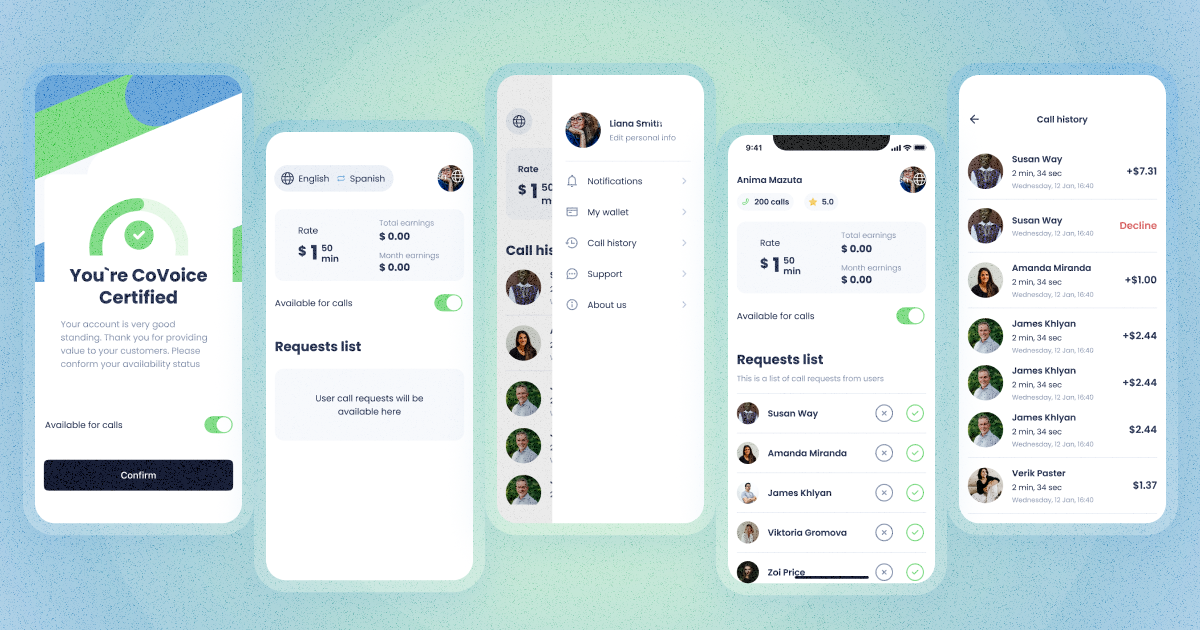 Screens of an app Covoice that connects translators and individuals in need of translation services.