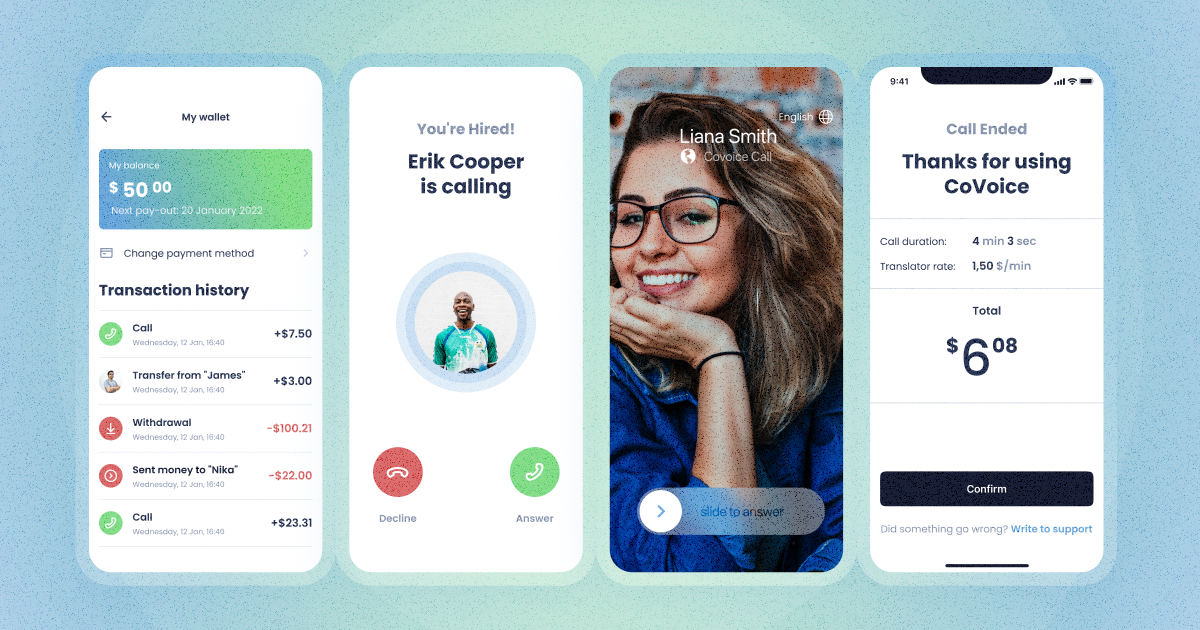Screens of an app Covoice that connects translators and individuals in need of translation services.
